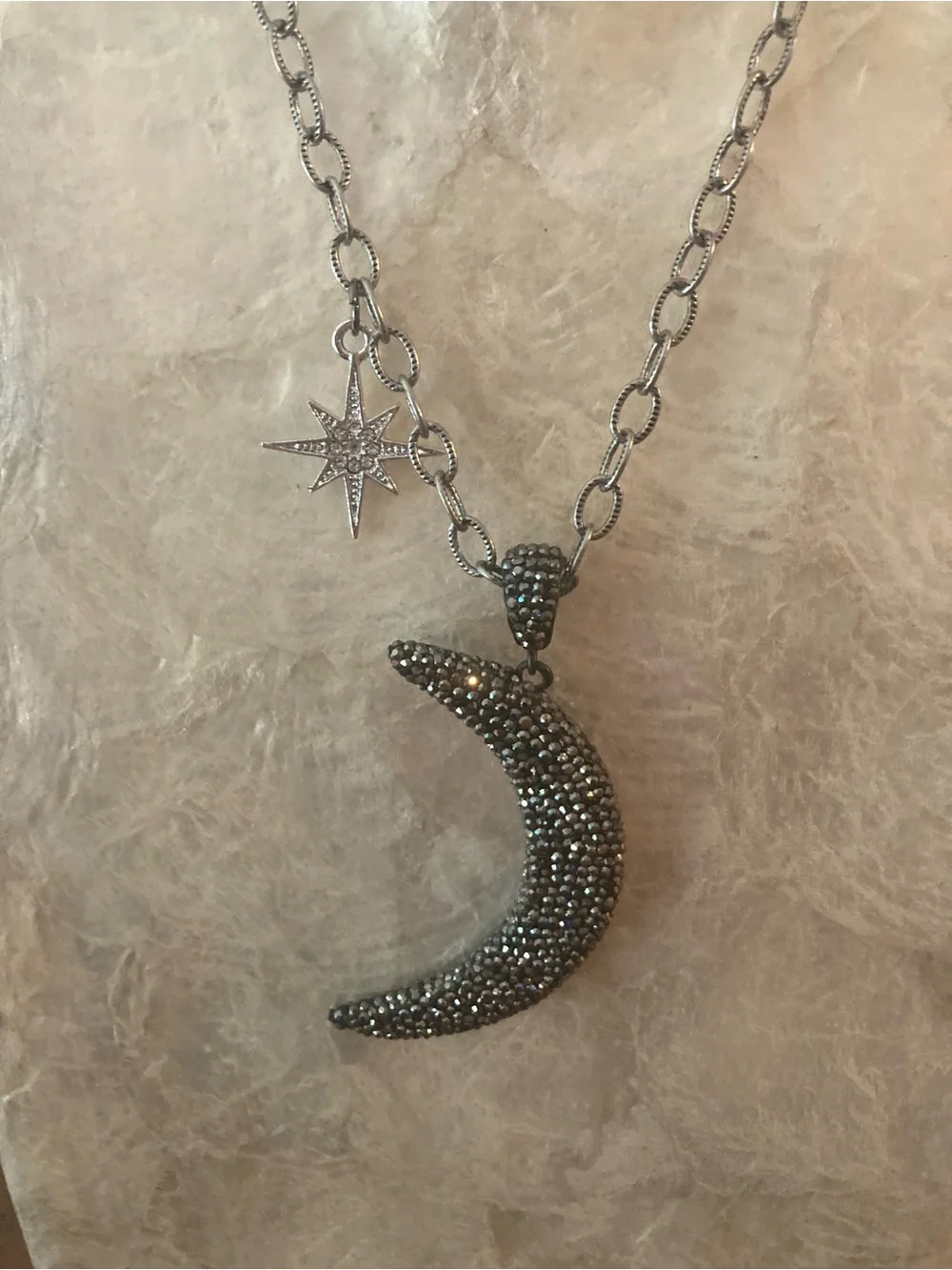 Pave Crescent Moon & Star Pendant Necklace in Gunmetal Tone.